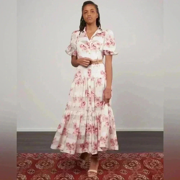 Zimmermann Rosa Midi Dress 2 US 8 M Silk Cotton Floral Stripe Tiered Belted Maxi - Picture 2 of 16